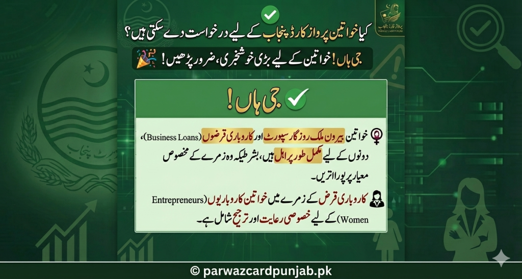 Parwaz Card Punjab eligibility for women confirming that female applicants are fully eligible for overseas jobs, business loans, and entrepreneurship support under the scheme