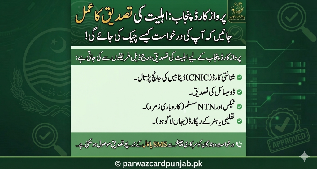 Parwaz Card Punjab eligibility verification process showing CNIC database check, domicile verification, NTN system review, education or skills record validation, and approval confirmation via SMS