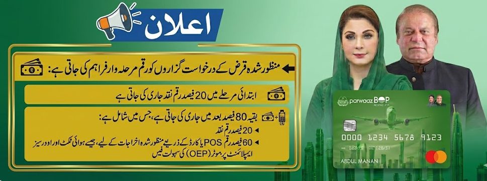 Announcement showing Parwaz Card loan disbursement phases, including initial cash release and remaining amount via cash and POS payments