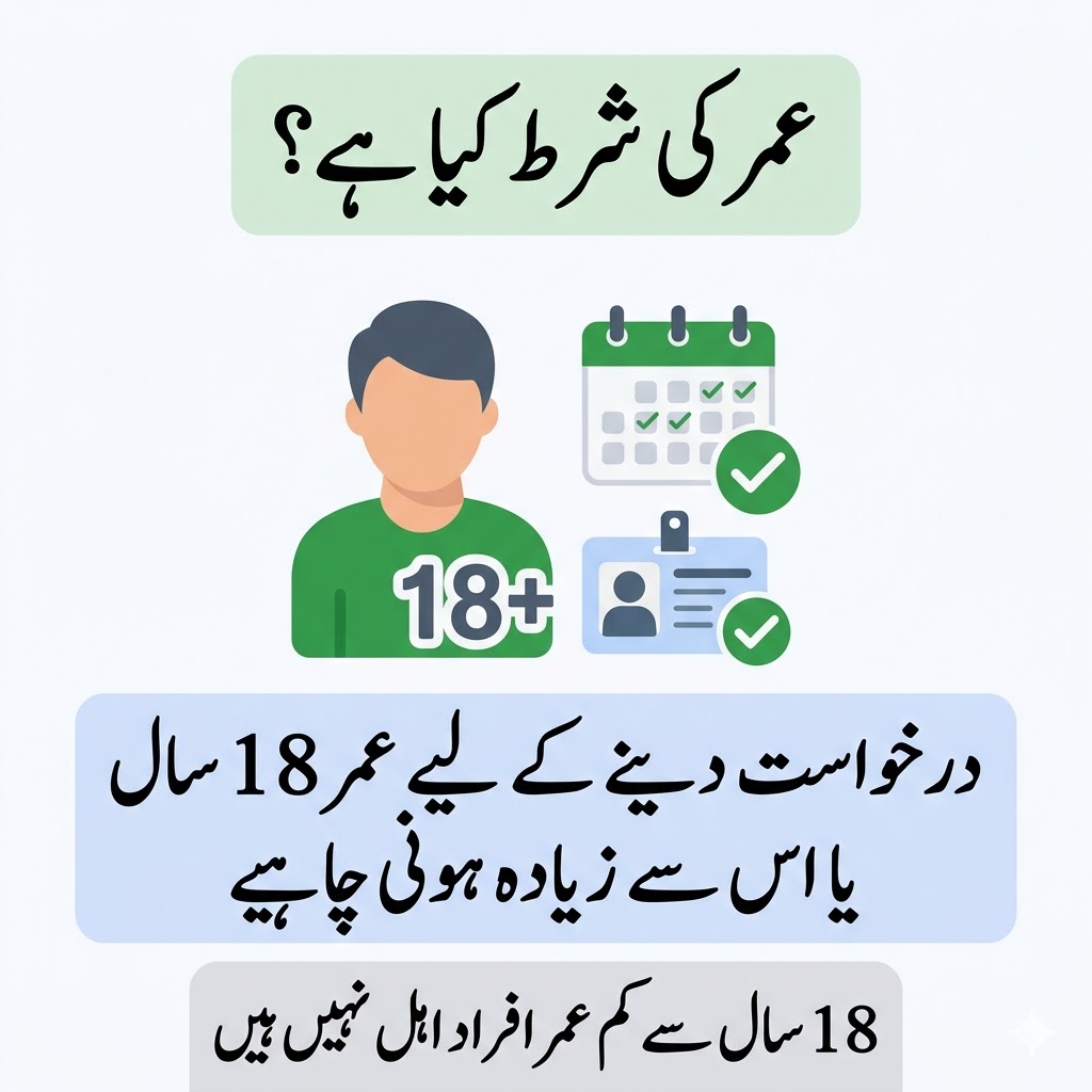 Urdu infographic showing Parwaaz Card age requirement that applicants must be 18 years or older