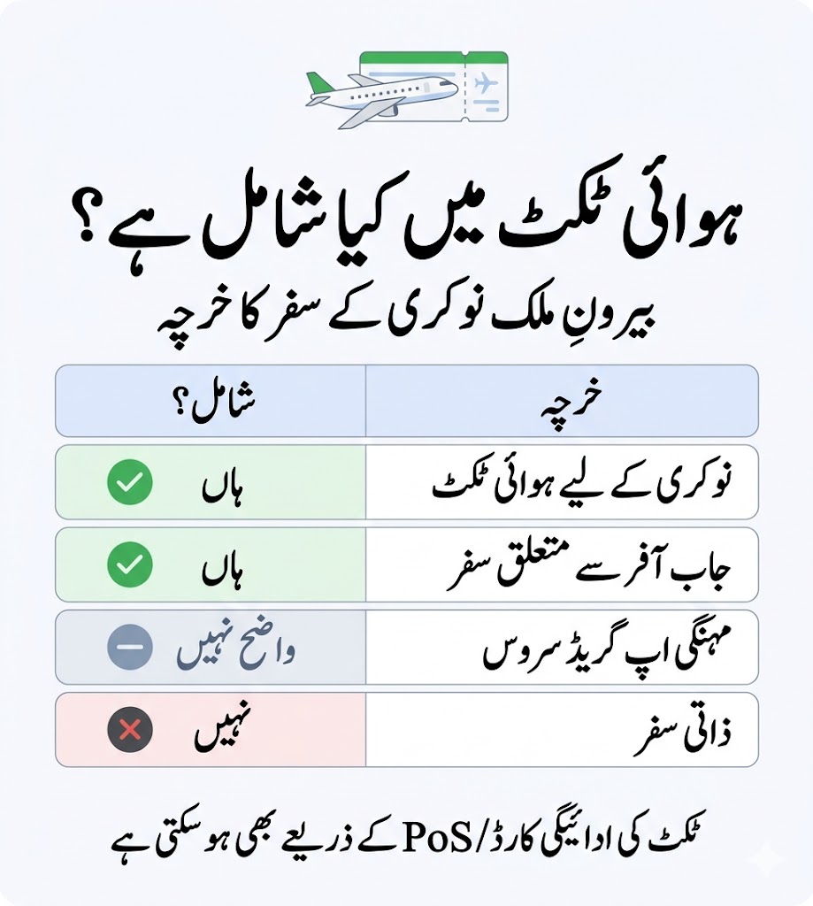 Urdu infographic showing Parwaaz Card air ticket and travel cost support with covered and not covered travel expenses