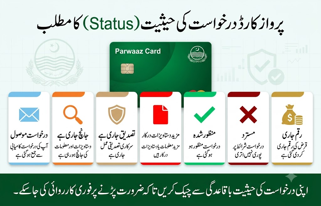 Parwaaz Card application status meanings infographic showing submitted, under review, verification in progress, additional documents required, approved, rejected, and disbursed statuses
