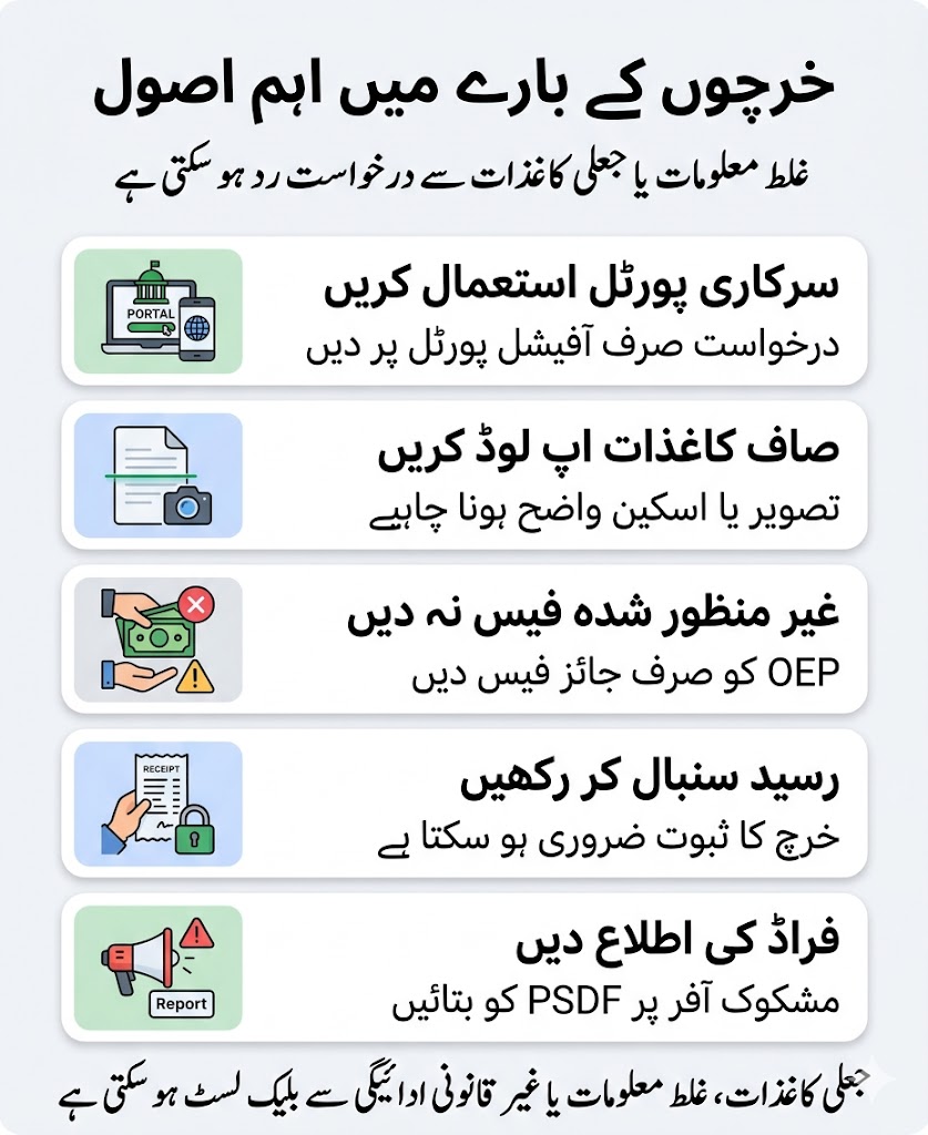 Urdu infographic showing important Parwaaz Card expense rules including official portal use, clear documents, approved OEP fees, receipts and fraud reporting