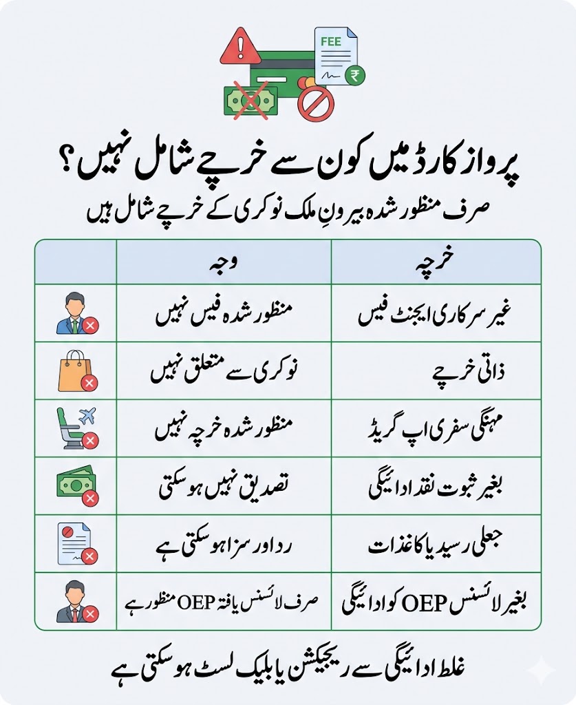 Urdu infographic showing expenses not covered under Parwaaz Card including unofficial agent fees, personal expenses, fake receipts and payments to unlicensed OEPs