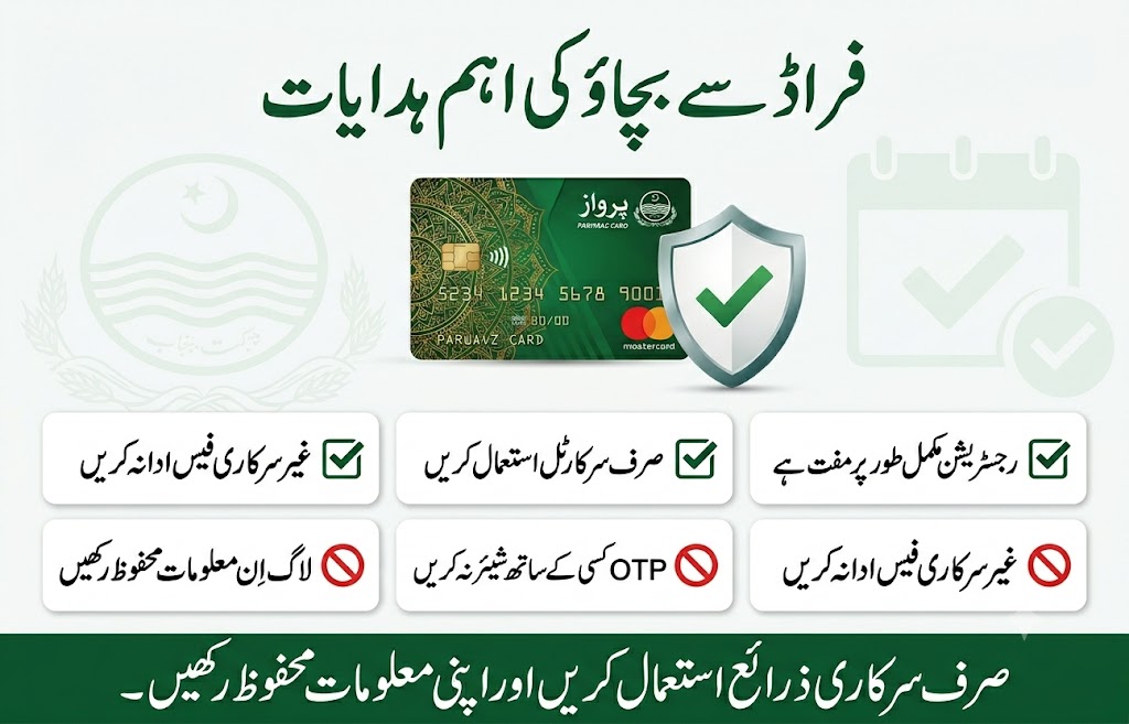 Parwaaz Card fraud and safety notice infographic advising applicants to use the official portal, avoid unofficial fees, keep OTP confidential, and protect login credentials
