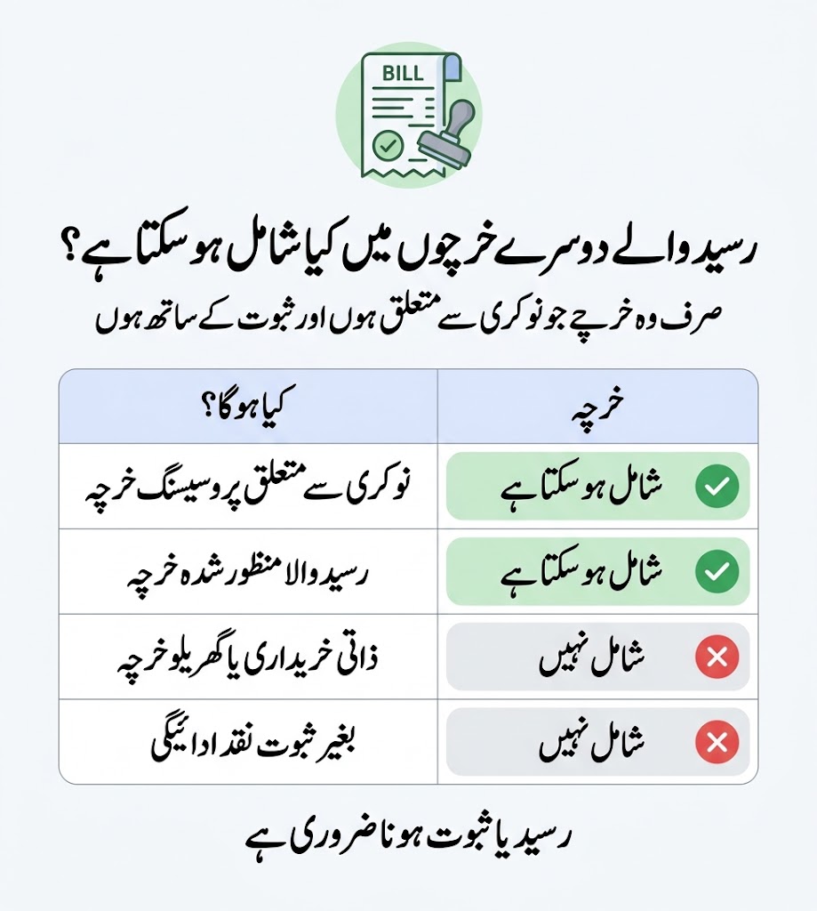 Urdu infographic showing Parwaaz Card other relevant expenses with receipts including approved job-related costs and non-covered personal expenses