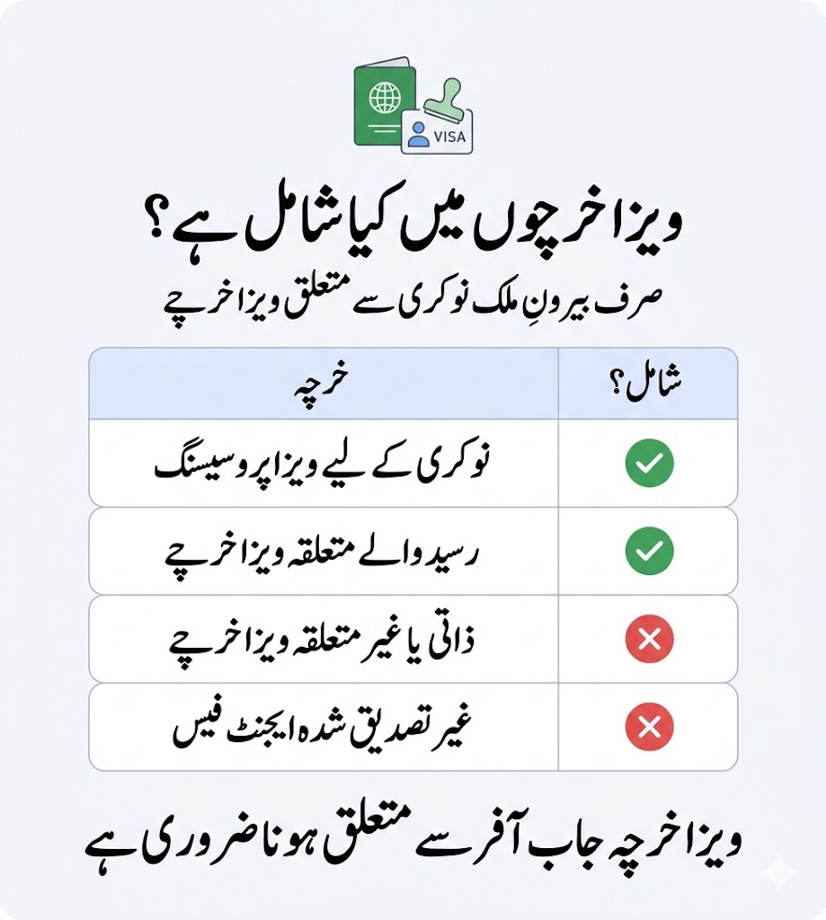 Urdu infographic showing Parwaaz Card visa processing cost coverage with yes and no checklist for overseas employment visa expenses