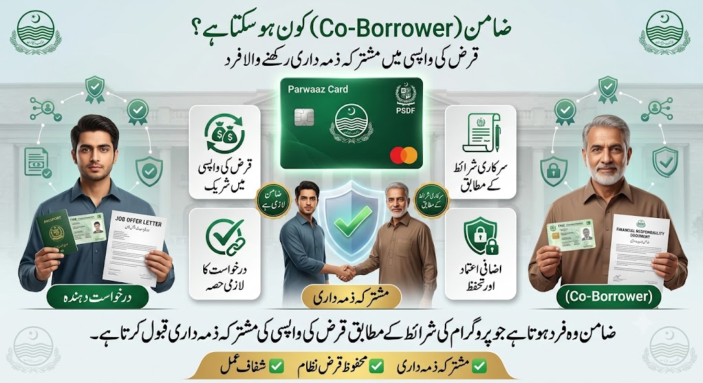 Parwaaz Card co-borrower infographic explaining the role of a guarantor who shares responsibility for loan repayment according to program requirements